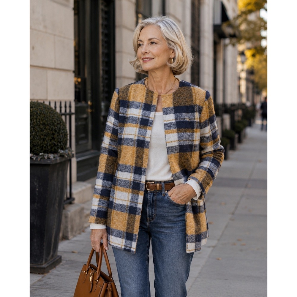 Cynthia Rowley Plaid Coat Womens Small Yellow Navy NEW Wool Blend Open Front